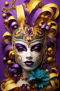 Vibrant Venetian Mask With Purple and Gold Floral Adornments