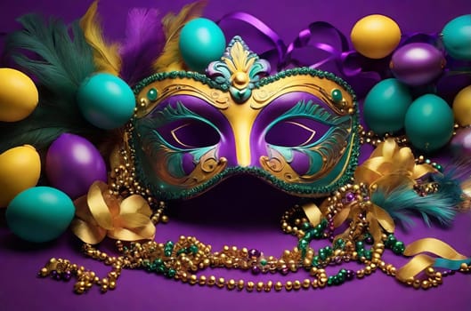 Golden carnival mask with purple feathers and beads on dark background