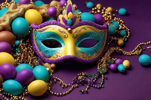 Golden carnival mask with purple feathers and beads on dark background