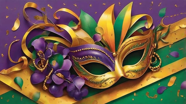 Golden carnival mask with purple feathers and beads on dark background.