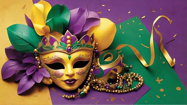 Golden carnival mask with purple feathers and beads on dark background.