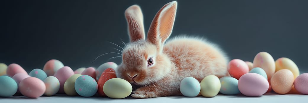 Adorable Easter bunny nestled amidst vibrant painted eggs, set against a soft pastel background with floral elements, evoking springtime joy and festive celebration.