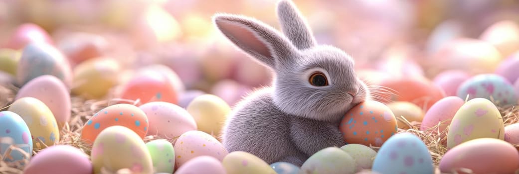Adorable Easter bunny nestled amidst vibrant painted eggs, set against a soft pastel background with floral elements, evoking springtime joy and festive celebration.