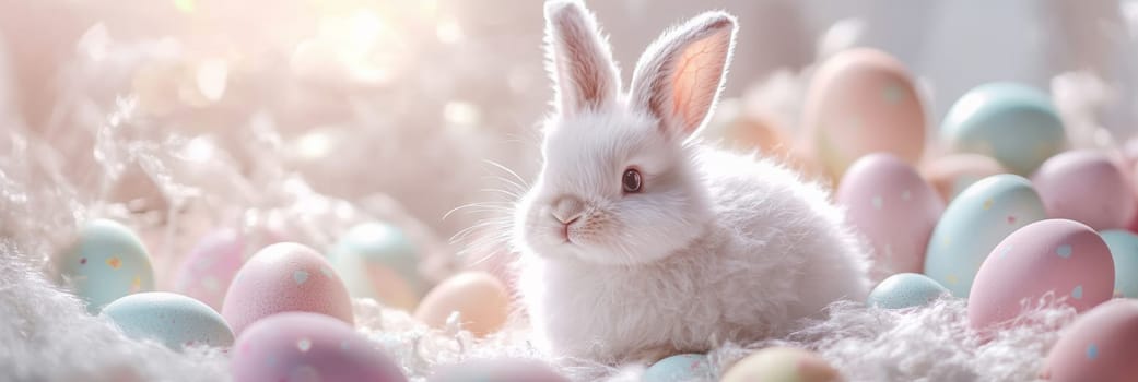 Adorable Easter bunny nestled amidst vibrant painted eggs, set against a soft pastel background with floral elements, evoking springtime joy and festive celebration.