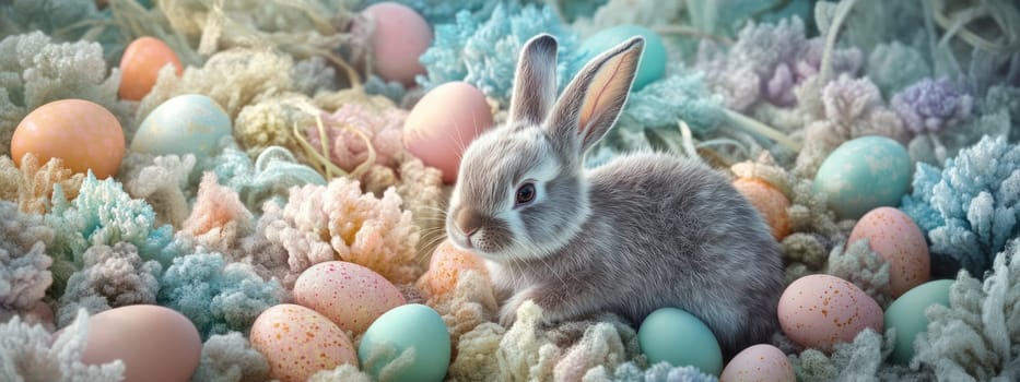 Adorable Easter bunny nestled amidst vibrant painted eggs, set against a soft pastel background with floral elements, evoking springtime joy and festive celebration.