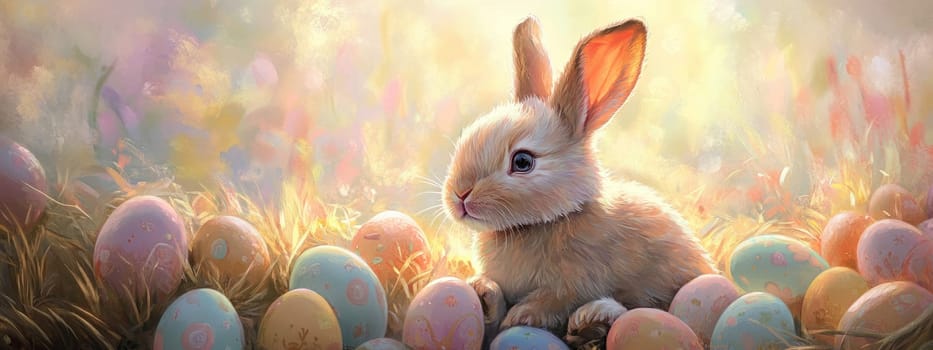 Adorable Easter bunny nestled amidst vibrant painted eggs, set against a soft pastel background with floral elements, evoking springtime joy and festive celebration.