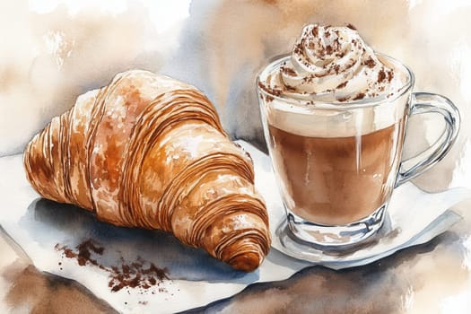 Watercolor painting of a coffee with whipped cream and a croissant on a white background, evoking a breakfast concept. Demonstrating the colors of 2025 year - Mocha Mousse