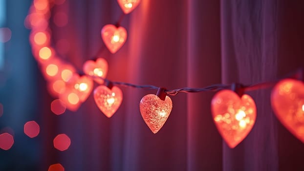 Close-up of glowing heart-shaped lights in focus, hanging on a string. Warm red hues with a blurred background. Romantic atmosphere concept for Valentine's Day