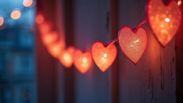 Close-up of glowing heart-shaped lights in focus, hanging on a string. Warm red hues with a blurred background. Romantic atmosphere concept for Valentine's Day