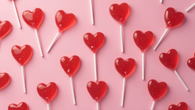 Heart-shaped red lollipops arranged on a light pink background
