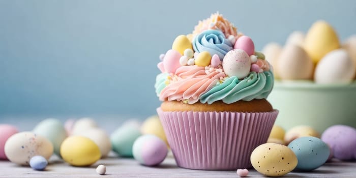 Easter-themed cupcakes with pastel frosting and cute chick decorations.