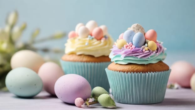 Easter-themed cupcakes with pastel frosting and cute chick decorations.