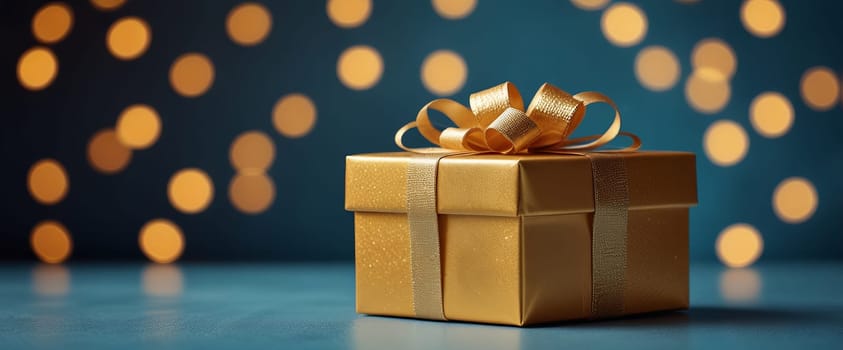 A golden gift box adorned with a ribbon, surrounded by stars and sparkles against a deep blue background. Concept of celebration and luxury