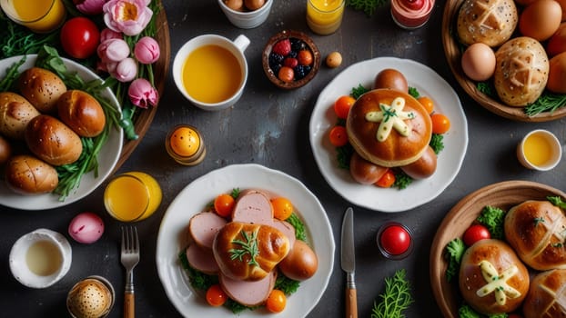 Colorful spring table setting with Easter-themed bread and vibrant decorations.