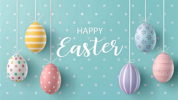 A vibrant and playful Happy Easter banner with several hanging decorated Easter eggs in pastel colors and patterns. Perfect for springtime celebrations, Easter decorations, and festive events