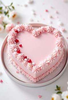 Heart-shaped mousse cake for Valentine's Day with copy space for text. Dessert with Valentine's Decorations and Powdered Sugar Garnish.