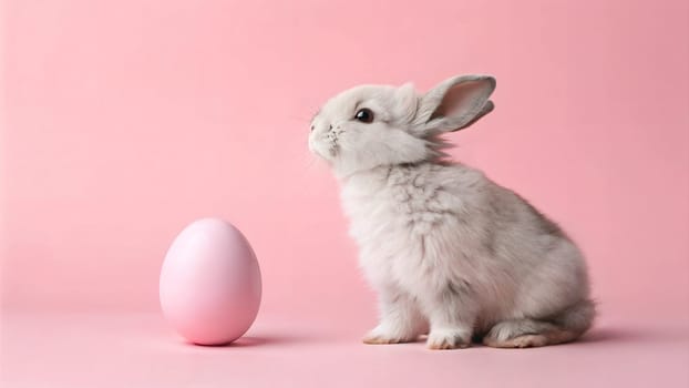Easter bunny rabbit with painted egg on pink background. Easter holiday concept.