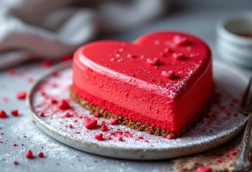 Heart-shaped mousse cake for Valentine's Day with copy space for text. Dessert with Valentine's Decorations and Powdered Sugar Garnish.