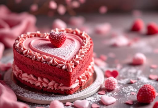 Heart-shaped mousse cake for Valentine's Day with copy space for text. Dessert with Valentine's Decorations and Powdered Sugar Garnish.