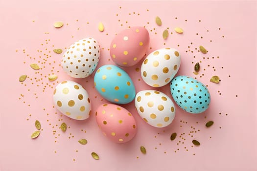 A vibrant flat lay of Easter eggs in pastel shades of pink, blue, and white, decorated with golden dots and surrounded by golden glittery decorations on a soft pink background.