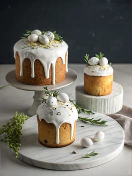 A beautifully arranged Easter display featuring cakes with white icing drips, decorated with rosemary sprigs and white candy pearls, perfect for festive spring celebrations.
