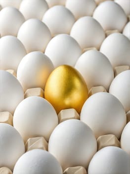 A close-up shot featuring a collection of white eggs with one golden egg standing out in the carton, perfect for Easter or spring themes