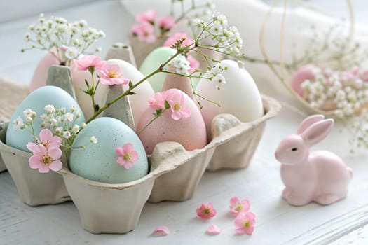 A pastel Easter arrangement with painted eggs in a carton, adorned with spring flowers and a pink bunny figurine. A soft and charming springtime setup for the holiday season