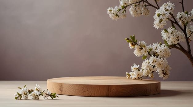 A wooden podium surrounded by delicate pastel-colored flowers and white vases on a soft geometric pastel background. Concept of product display