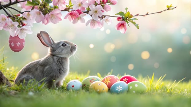 A cute gray Easter bunny surrounded by colorful decorated eggs and blooming pink flowers in a vibrant spring garden. Perfect for Easter celebrations