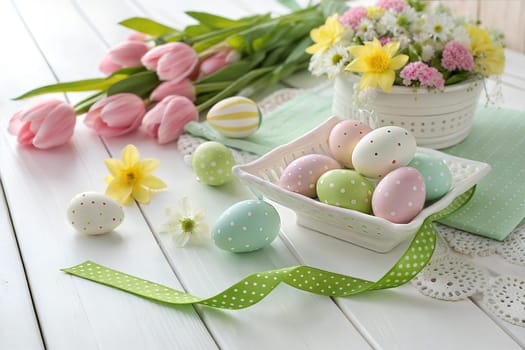 A vibrant Easter setup featuring pastel-colored eggs with polka dots, fresh spring flowers, and a green ribbon. Perfect for spring, Easter, and seasonal decor.