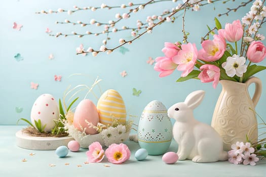 A peaceful Easter scene with pastel-colored eggs, a ceramic bunny, fresh flowers, and a soft blue background, creating a serene spring atmosphere perfect for Easter celebrations.