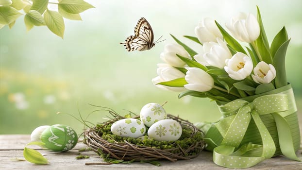A tranquil spring scene featuring decorated Easter eggs in a nest, white tulips, and a butterfly, evoking a peaceful, fresh atmosphere for the holiday season