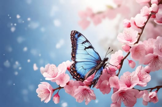 A blue butterfly perched on pink cherry blossoms, with a soft blue background. The image conveys delicate beauty and nature's harmony