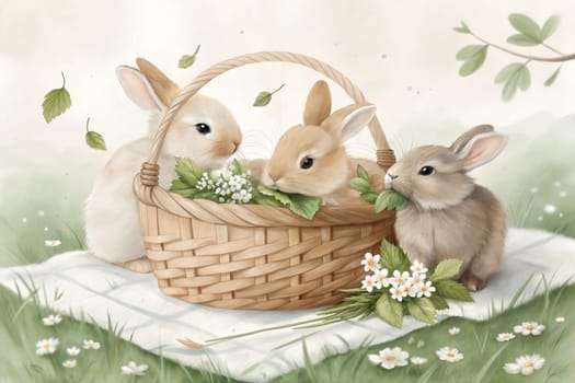A cute illustration featuring four baby bunnies sitting in a light brown wicker basket filled with fresh leaves. The soft, pastel setting with flowers and floating leaves gives a peaceful spring vibe, perfect for Easter