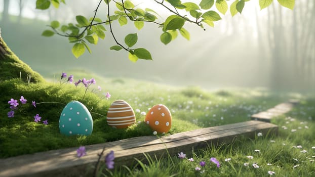 A serene spring scene with decorated Easter eggs nestled in the grass beneath a leafy tree, surrounded by delicate wildflowers, capturing the essence of nature, renewal, and the spirit of Easter.