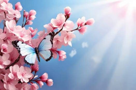 A blue butterfly perched on pink cherry blossoms, with a soft blue background. The image conveys delicate beauty and nature's harmony