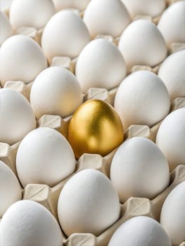 A close-up shot featuring a collection of white eggs with one golden egg standing out in the carton, perfect for Easter or spring themes