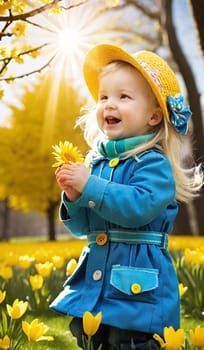 girl child smiling in yellow hat spring autumn forest trees leaves blue coat joy happiness family. High quality 3d illustration generated ai alt