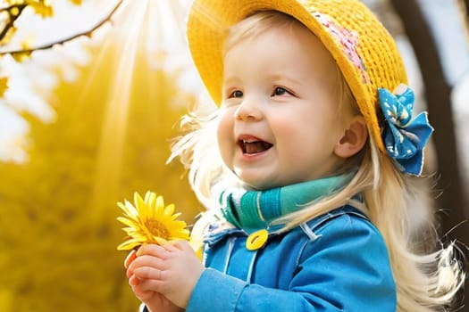 girl child smiling in yellow hat spring autumn forest trees leaves blue coat joy happiness family. High quality 3d illustration generated ai alt