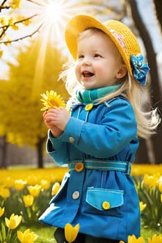 girl child smiling in yellow hat spring autumn forest trees leaves blue coat joy happiness family. High quality 3d illustration generated ai alt