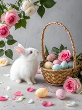 A cute white bunny sits near a basket filled with pastel Easter eggs, surrounded by rose petals and blooming roses, creating a festive and joyful Easter scene.