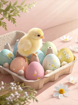 A soft Easter scene featuring a small yellow chick beside pastel-colored eggs, surrounded by delicate white flowers, evoking the joy and renewal of spring.
