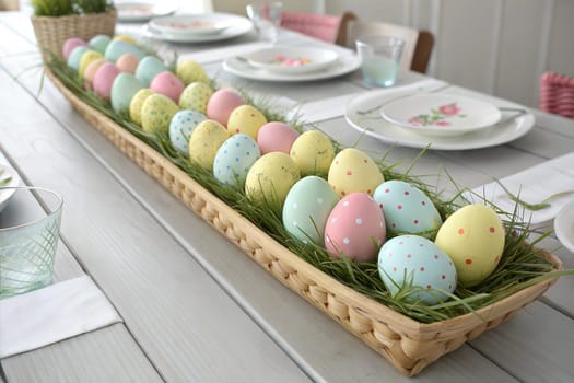 A decorative basket filled with colorful Easter eggs in pastel shades, placed on a spring-themed table with a soft, light background. Perfect for Easter celebrations