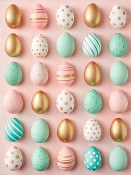 A vibrant flat lay of beautifully decorated Easter eggs in pastel colors with gold accents, perfect for Easter celebrations and springtime decor. Easter concept