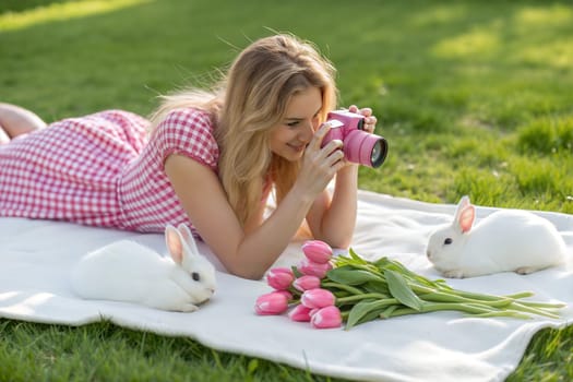 A young woman in a gingham dress enjoys photographing white bunnies and pink tulips on a blanket outdoors, capturing a peaceful spring moment.