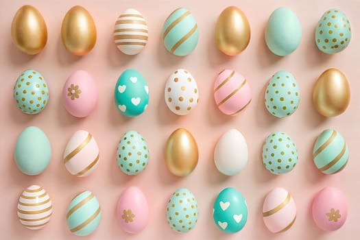 A vibrant flat lay of beautifully decorated Easter eggs in pastel colors with gold accents, perfect for Easter celebrations and springtime decor. Easter concept