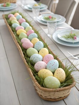 A decorative basket filled with colorful Easter eggs in pastel shades, placed on a spring-themed table with a soft, light background. Perfect for Easter celebrations