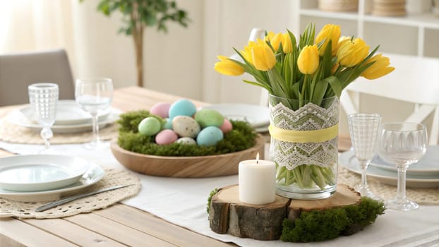 A cozy, inviting Easter table setup with bright yellow tulips, colorful pastel Easter eggs, and a simple candle. Perfect for spring celebrations and festive gatherings. Easter concept.