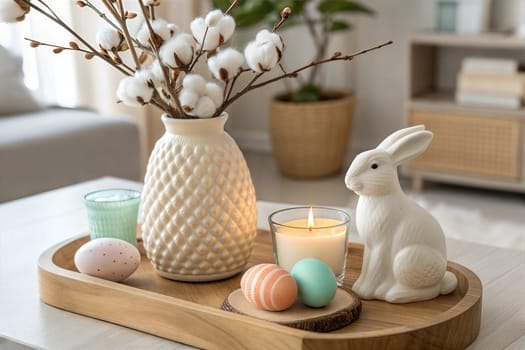 A cozy tabletop setting featuring a white ceramic bunny, pastel Easter eggs, cotton flowers, and a candle, perfect for creating a festive, spring atmosphere.