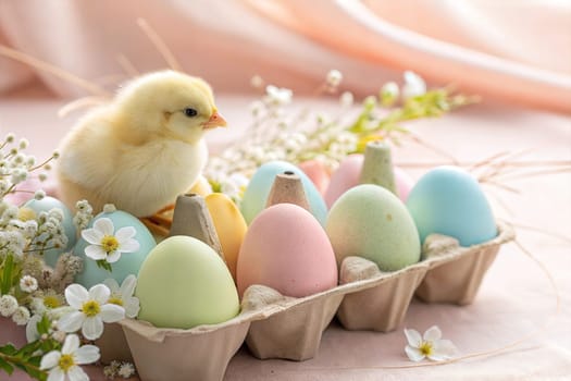A soft Easter scene featuring a small yellow chick beside pastel-colored eggs, surrounded by delicate white flowers, evoking the joy and renewal of spring.